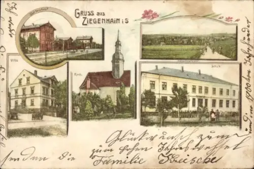 Litho Ziegenhain in Sachsen, Stadtansichten, Bahnhof, Schule, Kirche, Villa