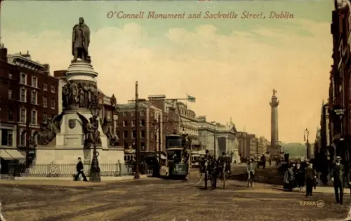 Ak Dublin Irland, Denkmal mit Figur auf Sockel, hohe Säule in Ferne, Straßenbahn, Kutschen, Passa