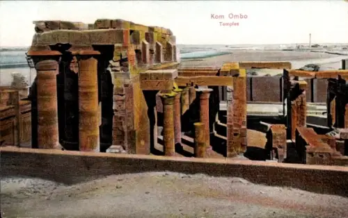 Ak Kom Ombo Ägypten, Tempelruinen, Säulen, Steinmauern, Treppen, Fluss im Hintergrund, Beschriftu
