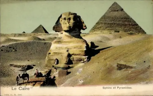 Ak Cairo Kairo Ägypten, Große Sphinx, Pyramiden im Hintergrund, Reiter mit Kamelen, Beschriftung 