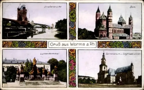Ak Worms am Rhein, Straßenbrücke über Fluss, Dom, Denkmal mit Figuren, Cornelianum und Brunnen