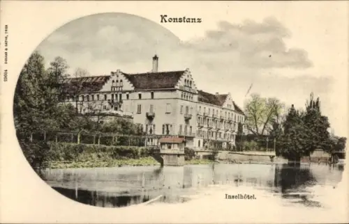 Ak Konstanz am Bodensee, Hotelgebäude mit Giebeln, Balkonen, Uferbäumen, Wasserspiegel, Wehr, Ins