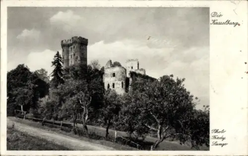 Ak Gerolstein in der Eifel, Turmruine, Ruinenreste, Bäume, Weg mit Holzzaun, Schriftzug oben rech