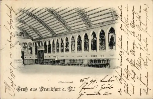 Ak Frankfurt am Main, gewölbte Decke, Arkadenfenster mit Wandbildern (Figuren), Sitzreihen an der