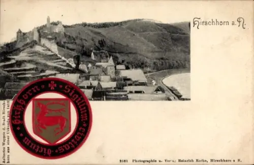 Präge Wappen Ak Hirschhorn Neckar Hessen, Sigillum civitas dirtum, Panorama von der Ortschaft,Siegel