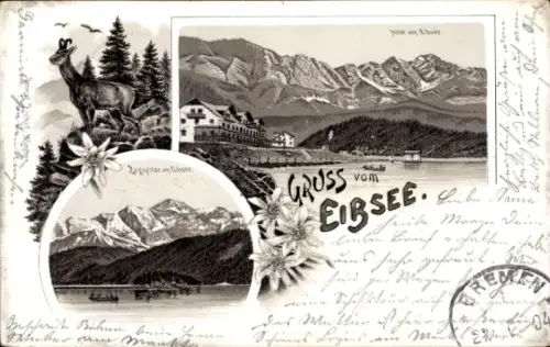Litho Grainau in Oberbayern, Eibsee, Hotel, Zugspitze