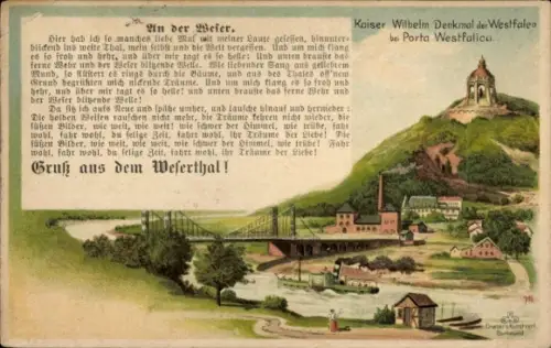 Litho Porta Westfalica in Nordrhein Westfalen, Kaiser Wilhelm Denkmal, Salondampfer