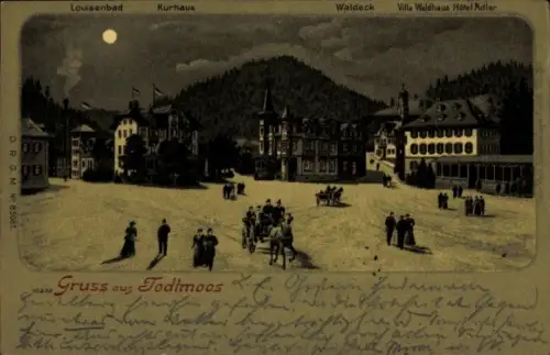 Mondschein Litho Todtmoos im Schwarzwald, Louisenbad, Kurhaus, Waldeck, Villa Waldhaus, Hotel Adler