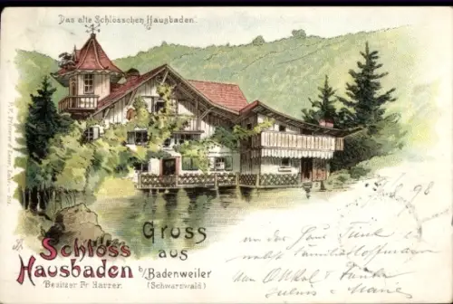 Litho Badenweiler im Schwarzwald, Schloss Hausbaden, das alte Schlösschen, Bes. Fr. Harrer