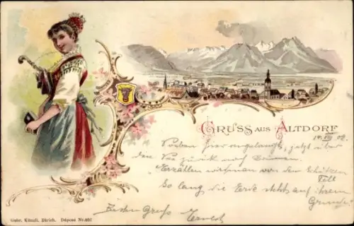 Litho Altdorf Kt. Uri Schweiz, Panorama, Altdorferin in Tracht