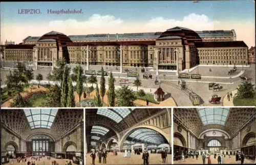 Ak Leipzig in Sachsen, Hauptbahnhof, Außenansicht mit Straßenbahnen, Innenhalle