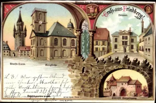 Litho Friedberg Hessen, Dekanat, Kirche, Burg