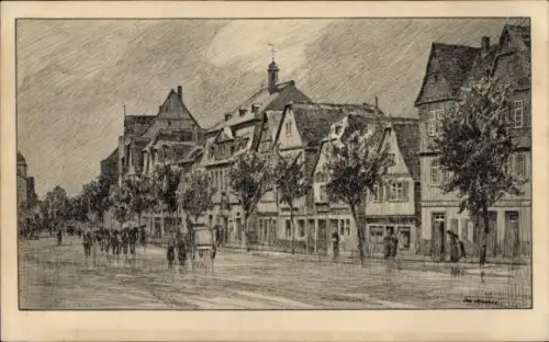 Ak Friedberg in Hessen, Zeichnung von Kaiserstraße, Friedberg, Hessen, Häuser, Bäume, Menschen