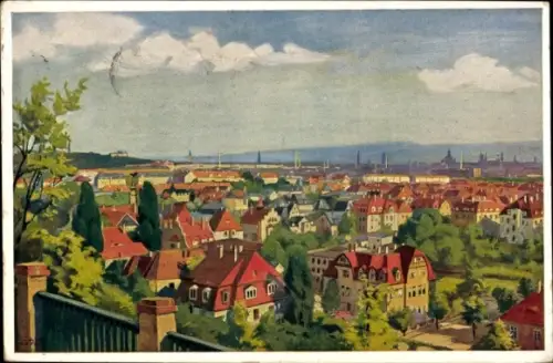 Künstler Ak Dresden Trachau, Aussicht von der Bergwirtschaft Trachau