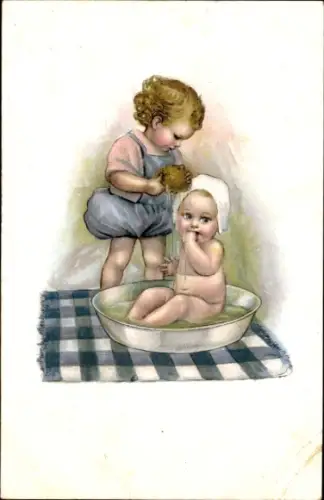 Ak Kinder, Badewanne, Schwamm