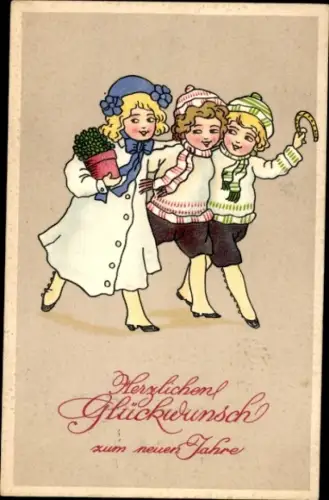 Präge Ak Glückwunsch Neujahr, Kinder, Gratulanten, Hufeisen