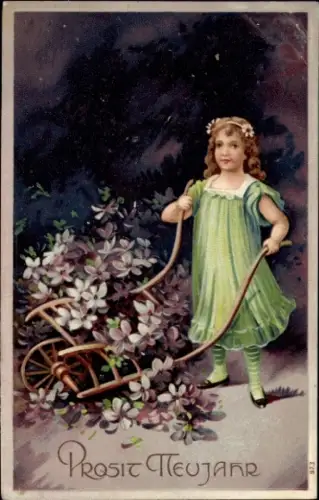 Ak Prosit Neujahr, Mädchen mit Blumenschubkarren