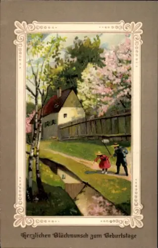 Präge Passepartout Ak Glückwunsch Geburtstag, Baumblüte, Kinder