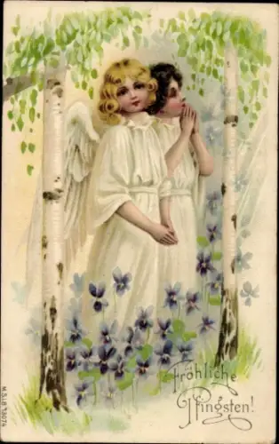 Ak Fröhliche Pfingsten, Birken, Engel