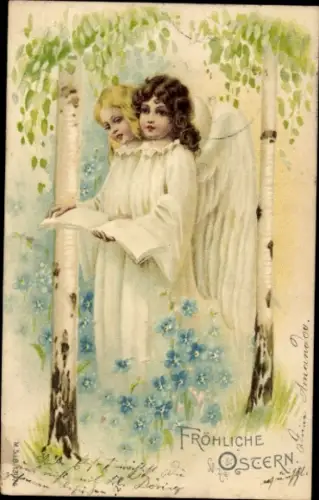 Litho Frohe Ostern, Engel, Birken