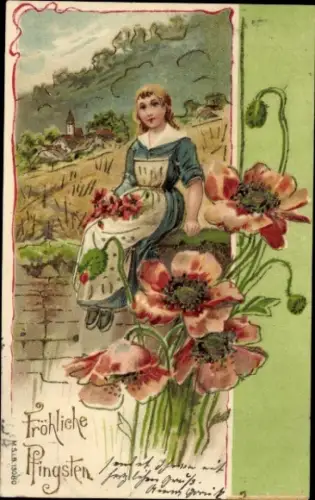 Präge Ak Glückwunsch Pfingsten, junge Frau, Mohn