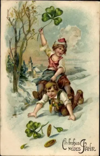 Präge Litho Glückwunsch Neujahr, Kinder beim Spielen, Kleeblatt