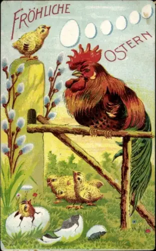 Ak Fröhliche Ostern, Hahn auf Sitzstange, Küken und zerbrochene Eierschale