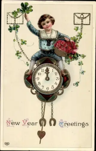 Ak Glückwunsch Neujahr, Kind, Uhr, Kleeblätter