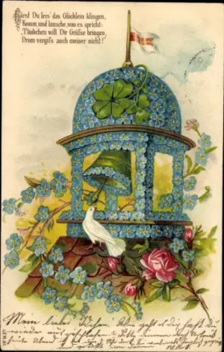 Präge Ak Glockenturm, weiße Taube, Vergissmeinnicht, Klee