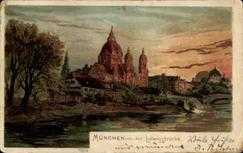 Litho München, Teilansicht von der Ludwigsbrücke aus, Dämmerung