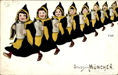Künstler Ak Engelhard, P.O.E., München Bayern, Münchner Kindl mit Bierkrügen