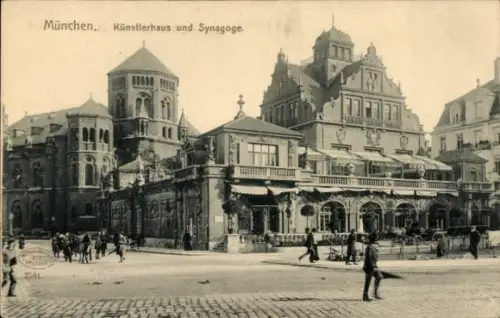 Ak München, Künstlerhaus, Synagoge, Passanten