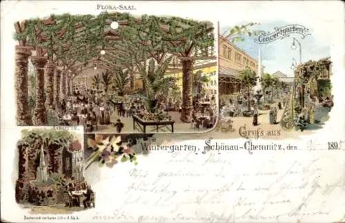 Litho Schönau Chemnitz in Sachsen, Wintergarten, Konzertgarten, Grotte, Flora Saal