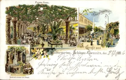 Litho Schönau Chemnitz in Sachsen, Wintergarten, Konzertgarten, Grotte, Flora Saal