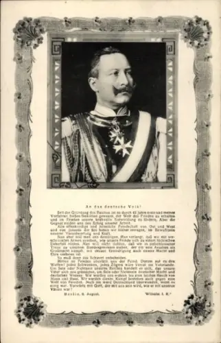 Passepartout Ak Kaiser Wilhelm II., Rede an das deutsche Volk