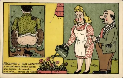 Künstler Ak Schau aus dem Fenster, Frau gießt Blumen, Fäkalhumor