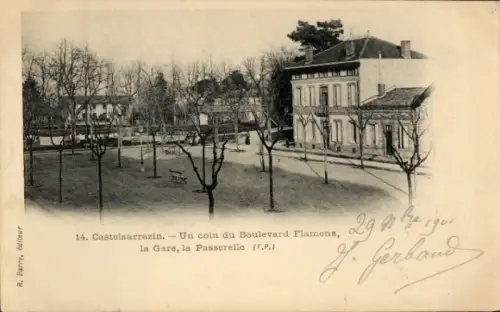 Ak Castelsarrazin Tarn et Garonne, Un coin du Boulevard Flamens, Gare, Passerelle