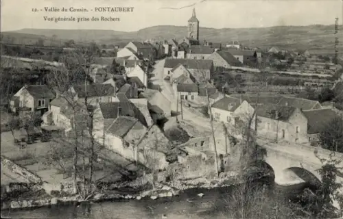 Ak Pontaubert Yonne, Vallée du Cousin, allgemeine Ansicht, Fluss, Brücke, Häuser