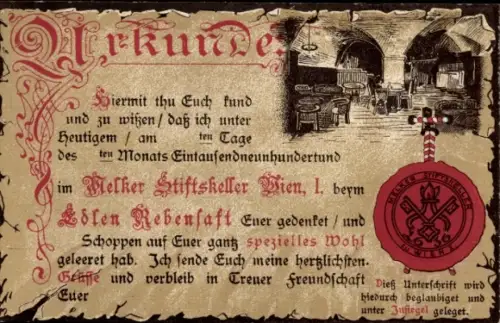 Ak Wien 1 Innere Stadt, Dekorative Urkunde mit roter Überschrift, Frakturschrift-Text, Kellergraf
