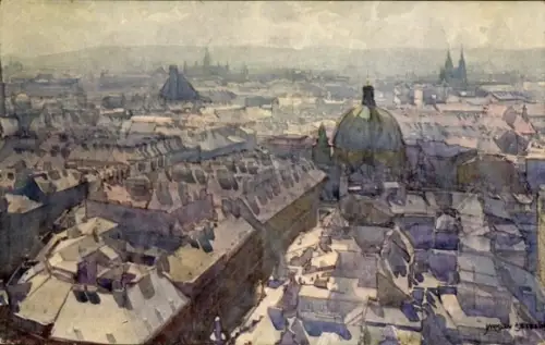 Ak Wien 1 Innere Stadt, Dachlandschaft aus Vogelperspektive, große Kuppel, Ziegeldächer, entfernt