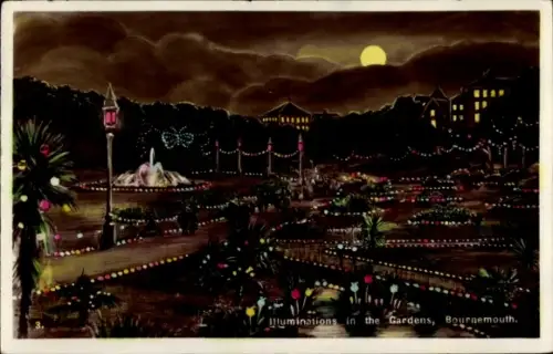 Ak Bournemouth Dorset England, Illuminierte Gärten, Springbrunnen, Laternen, Lichterketten, Wege,
