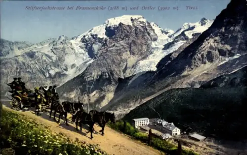 Ak Passo dello Stelvio Stilfserjoch Stilfser Joch Südtirol, Franzenshöhe, Pferdegespann mit Kutsc
