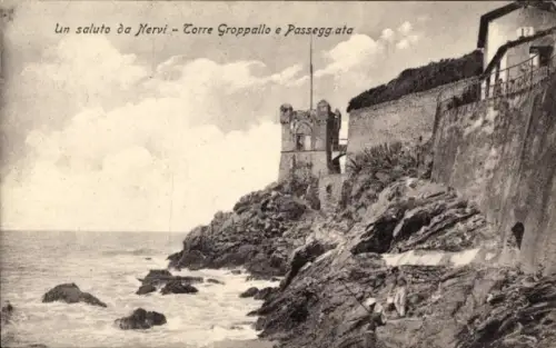 Ak Nervi Genova Genua Liguria, Felsige Küste, Turm auf Klippe, Brandung, Promenadenmauer, Persone