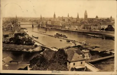 Ak Hansestadt Bremen, Fluss mit Lastkähnen und Schiffen, Brücken, Uferbebauung, mehrere Kirchtürm