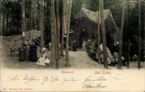 Ak Bad Elster im Vogtland, Waldquelle, Pavillon im Wald, Frauen und Kinder in r Kleidung, Bänke