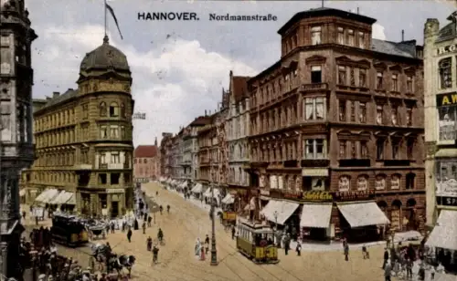 Ak Hannover in Niedersachsen, Nordmannstraße mit Straßenbahn und Geschäften