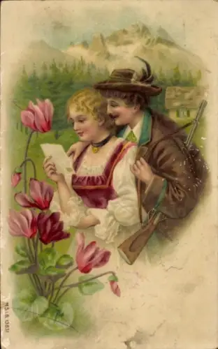 Litho Liebespaar in Tracht, Mann mit Gewehr