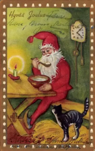 Ak Glückwunsch Weihnachten, Weihnachtsmann beim Essen, Katze