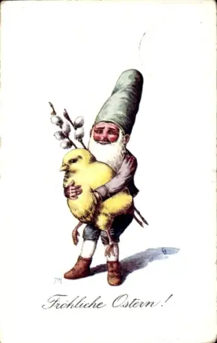Ak Glückwunsch Ostern, Zwerg, Küken, Weidenkätzchen