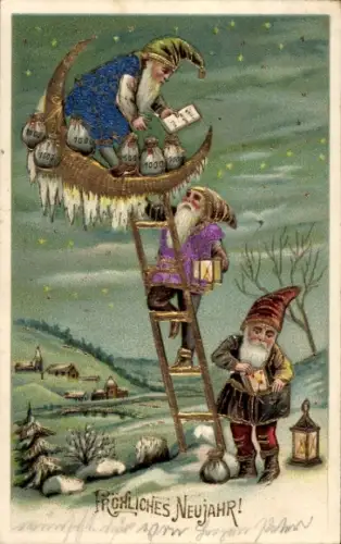 Ak Glückwunsch Neujahr, Zwerge, Geld, Mond